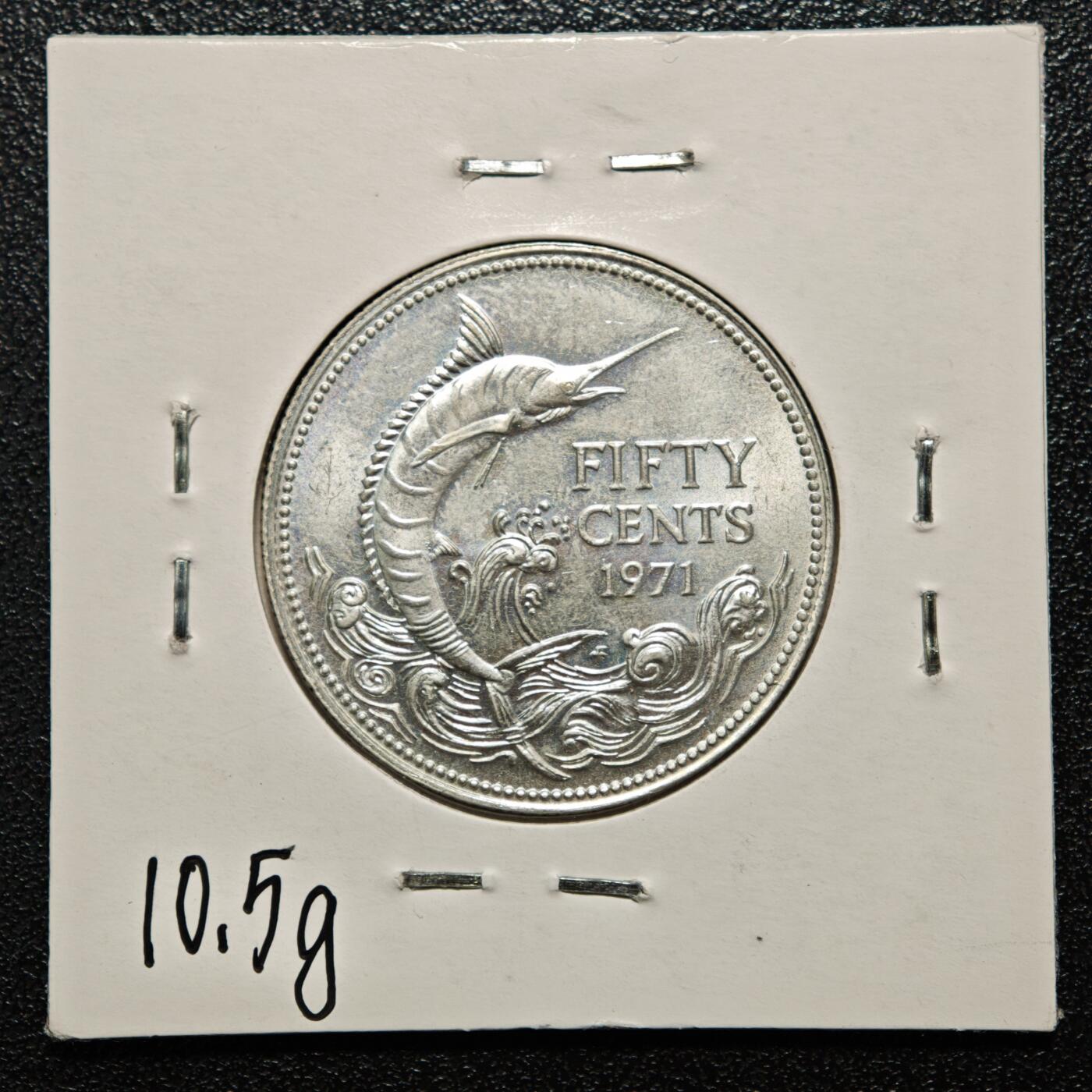 【德藏】世界币章拍卖第168期（拍品征集中~欢迎藏友联系） 老藏家集藏系列之- 1971年 巴哈马50分银币 800银 直径约：29mm；重约：10.3g 入册20余年·附有当年购入价