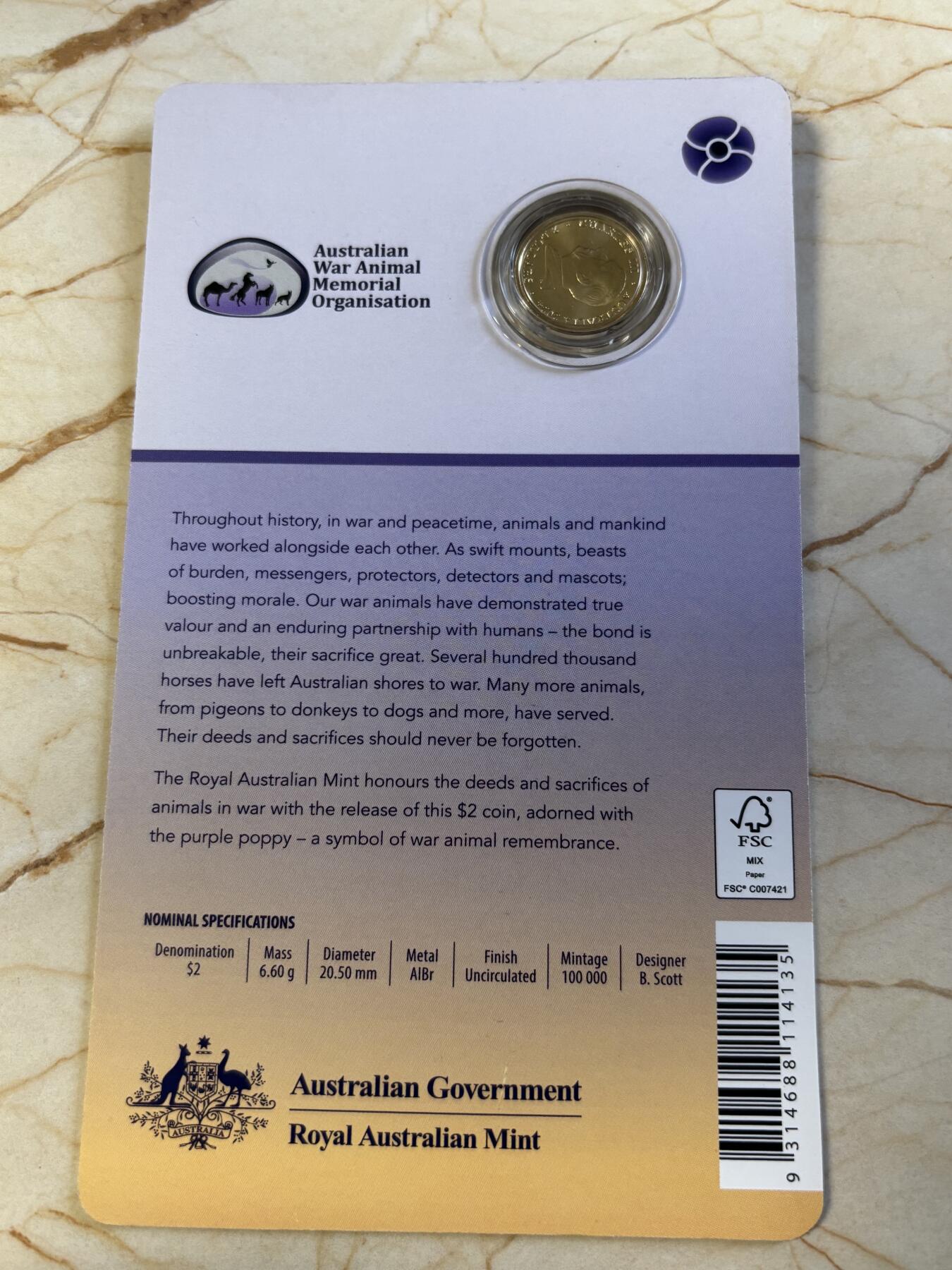 第194期拍卖 澳大利亚2024年战争中的动物彩色纪念币卡装