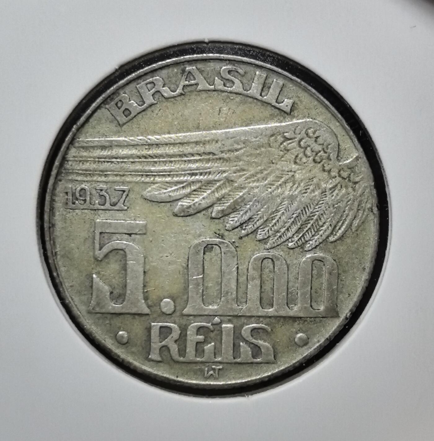 外国优质老铜币银币苏联纪念章，每周六晚九点倒数截拍，满百包邮可寄存，持续收拍 巴西1937年大天使翅膀5000 瑞斯银币。正面为航空先驱桑托斯・杜蒙特，背面饰翼象征航空，属巴西 “杰出人物” 系列流通币，也是瑞斯货币体系末期的代表币种。
