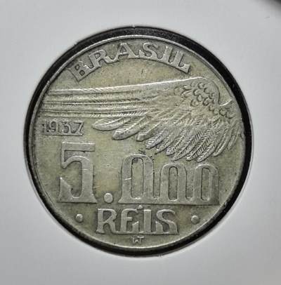 外国优质老铜币银币苏联纪念章，每周六晚九点倒数截拍，满百包邮可寄存，持续收拍 - 巴西1937年大天使翅膀5000 瑞斯银币。正面为航空先驱桑托斯・杜蒙特，背面饰翼象征航空，属巴西 “杰出人物” 系列流通币，也是瑞斯货币体系末期的代表币种。