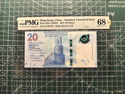《外钞收藏家》第六百一十九期（精品场）（长期征集拍品、欢迎藏友们联系合作） - 2018年香港新版渣打银行20元 PMG68 重复号787878