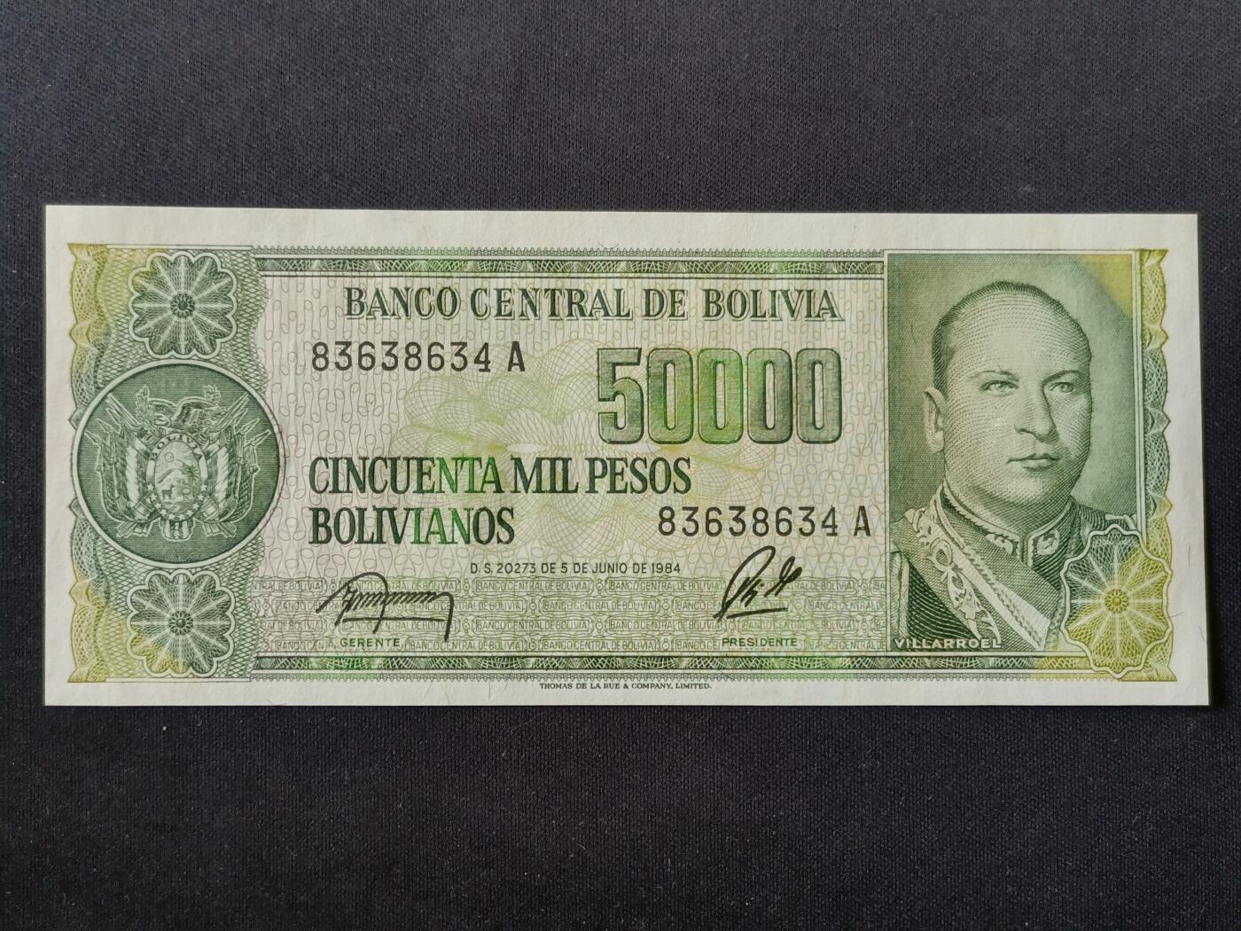 【游宝拍卖】丙午马年第14期 玻利维亚-50000比索【1984年 背面加印面值 全新UNC】