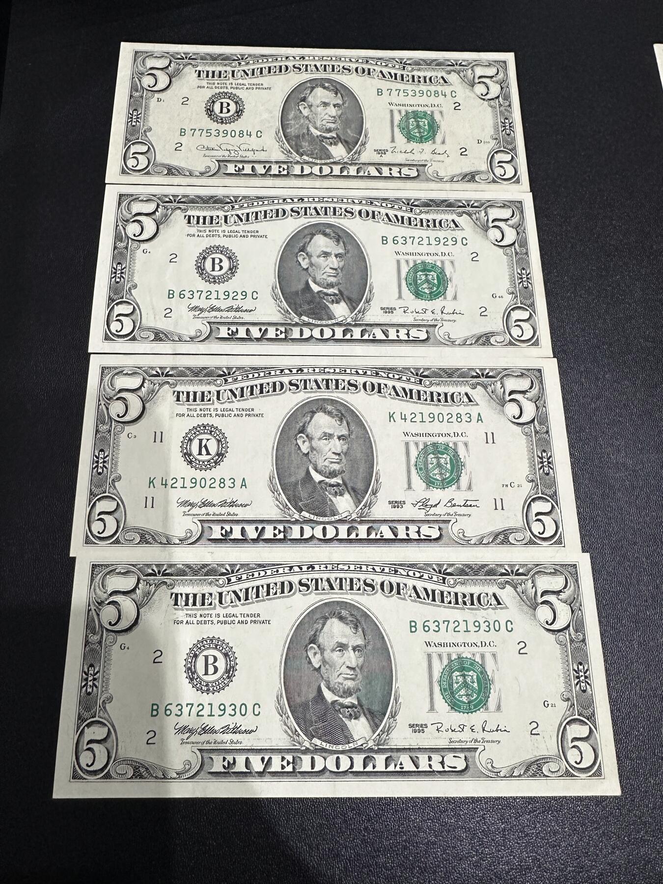 《外钞收藏家》第六百一十九期（精品场）（长期征集拍品、欢迎藏友们联系合作） 199几年美国小头版5美元 4张 非全新 品相如图