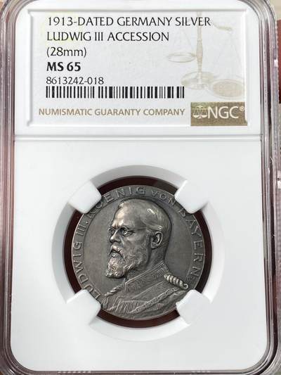万国钱币拍卖第063期 - NGC MS65 1913年德国巴伐利亚路德维希三世几面为巴伐利亚国王纪念银章 路三1912年继承父职担任摄政王 1913年其通过修宪法案登基即位 罕见品种顶级收藏品质