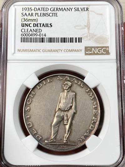 万国钱币拍卖第063期 - NGC UNCD 1935年德国萨尔区回归纪念银章 原味天鹅绒包浆
