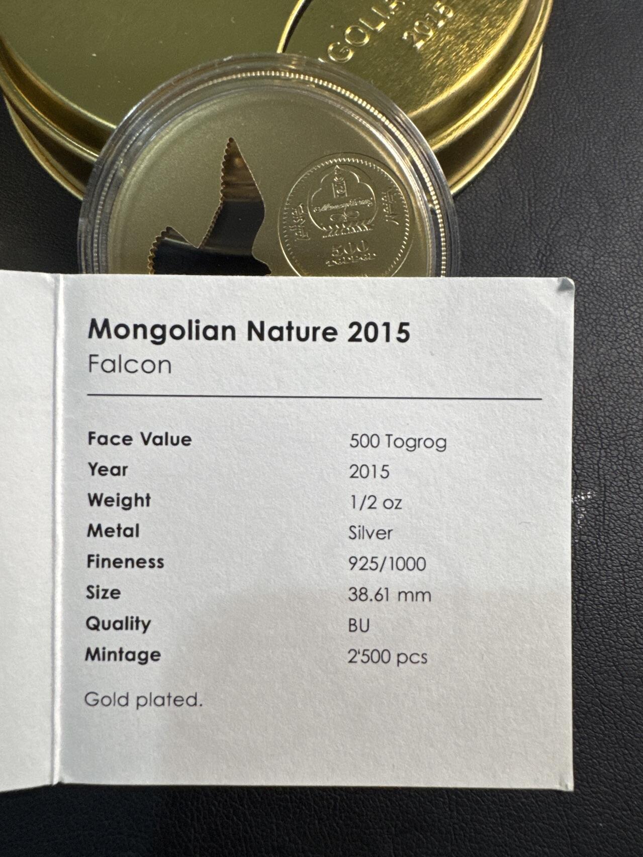 ❤️【币观天下】❤️ 第345期钱币拍卖场- 2026.3.20周五晚上6点半场 长期征集拍品  2015年蒙古500图格里克普制镀金银币 蒙古自然-鹰 1/2盎司925银 发行量：2500 盒证全