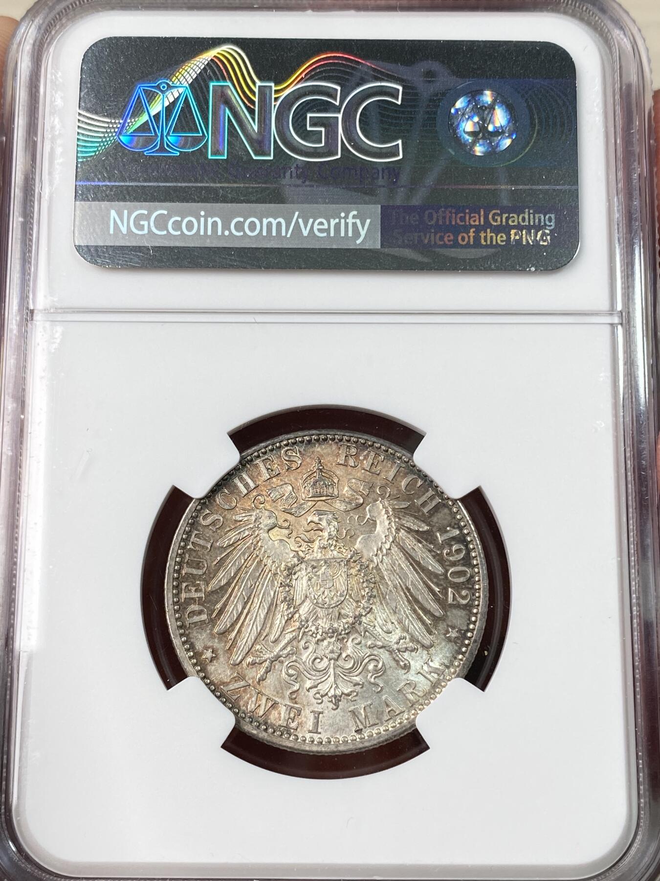 万国钱币拍卖第063期 NGC MS63 1902年德国巴登登基纪念长翅2马克 原味酱彩收藏级
