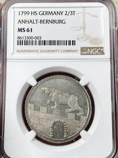 万国钱币拍卖第063期 - NGC MS61 1799年德国安哈尔特-贝恩堡早期小熊爬墙2/3泰勒 全深打熊毛粒粒分明 银霜淡彩环绕极美收藏级 NGC唯一亚军分更高仅一枚