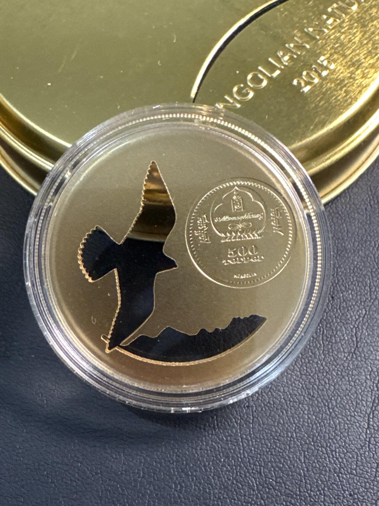 ❤️【币观天下】❤️ 第345期钱币拍卖场- 2026.3.20周五晚上6点半场 长期征集拍品  2015年蒙古500图格里克普制镀金银币 蒙古自然-鹰 1/2盎司925银 发行量：2500 盒证全