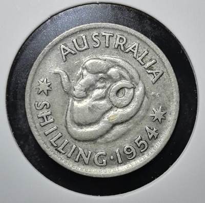 外国优质老铜币银币苏联纪念章，每周六晚九点倒数截拍，满百包邮可寄存，持续收拍 - 澳大利亚1954年1先令银币。正面为伊丽莎白二世头像，背面是象征澳洲牧业的美利奴羊，见证英联邦货币体系，1966 年被十进制货币取代。