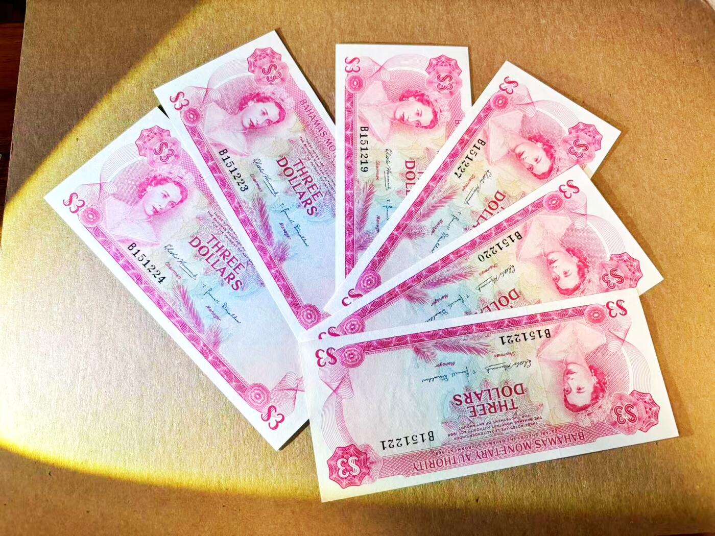 【Blue Auction】世界纸币精拍第796期——18级TOP拍卖/信誉/品质/专业/高效💫 【一组6张 含4张无47】巴哈马 1968年3元 彩背 女王 全新UNC 居中佳