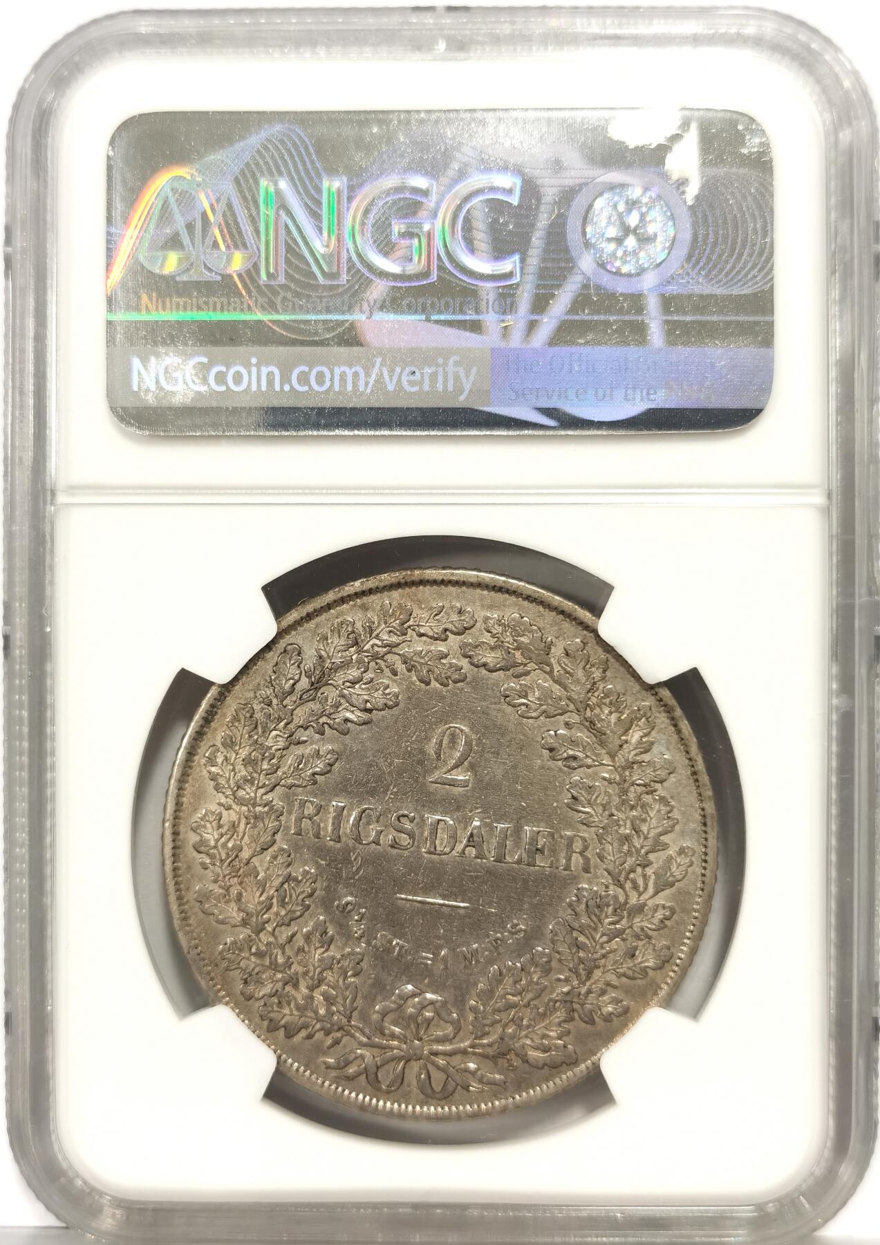 博洋堂世界钱币拍卖第165期（全场包邮） NGC AU53 丹麦1854年费德里克七世2RD大银币，有分难得