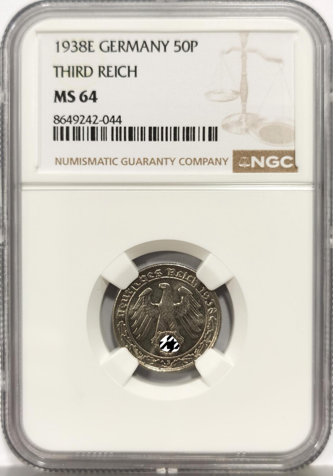 博洋堂世界钱币拍卖第165期（全场包邮） NGC MS64 德国第三帝国1938年E版50芬尼镍币，传说中的回炉坦克币