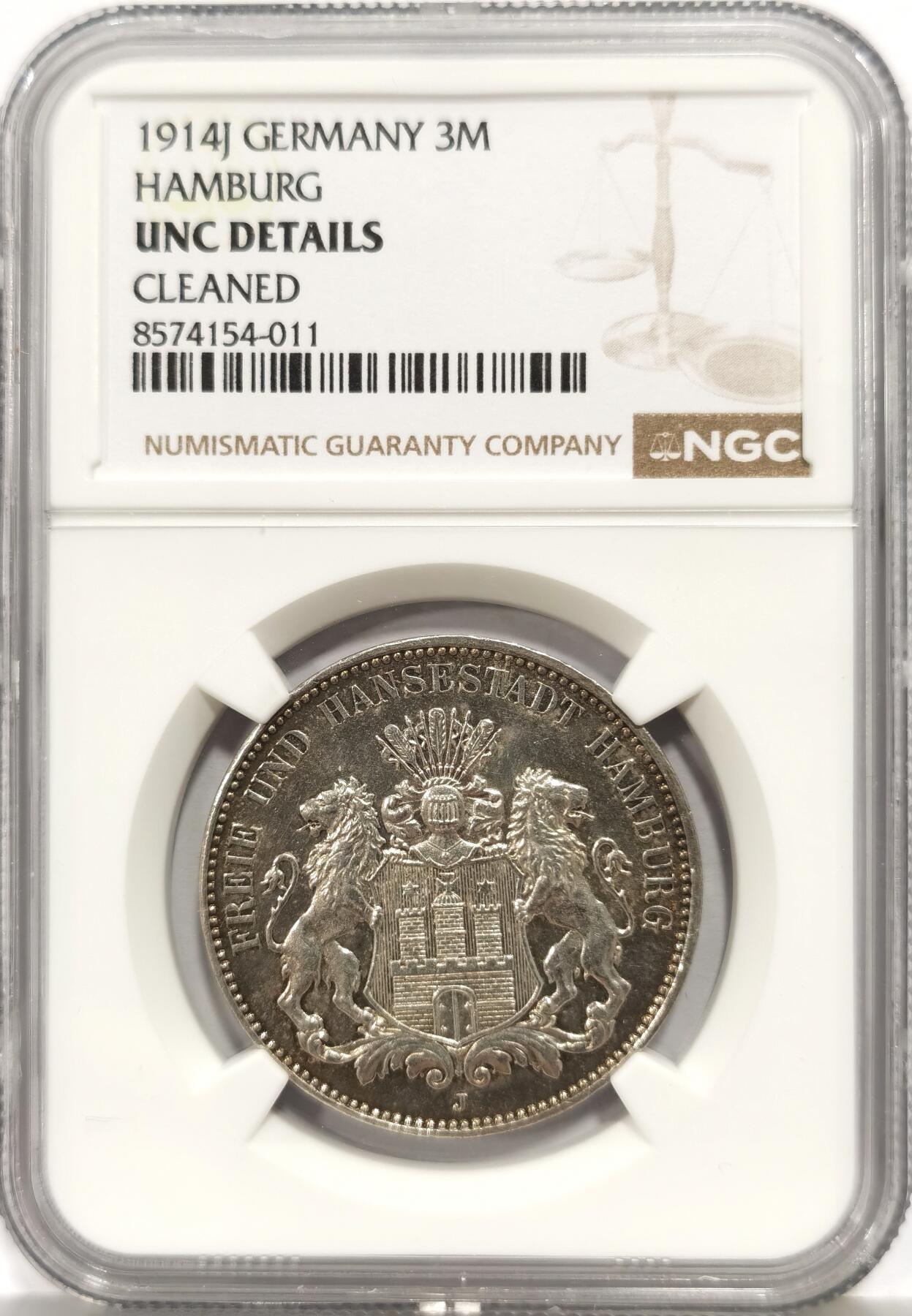 博洋堂世界钱币拍卖第165期（全场包邮） NGC UNC 德国汉堡自由市1914年流通3马克银币，反面环彩，有点误评了。