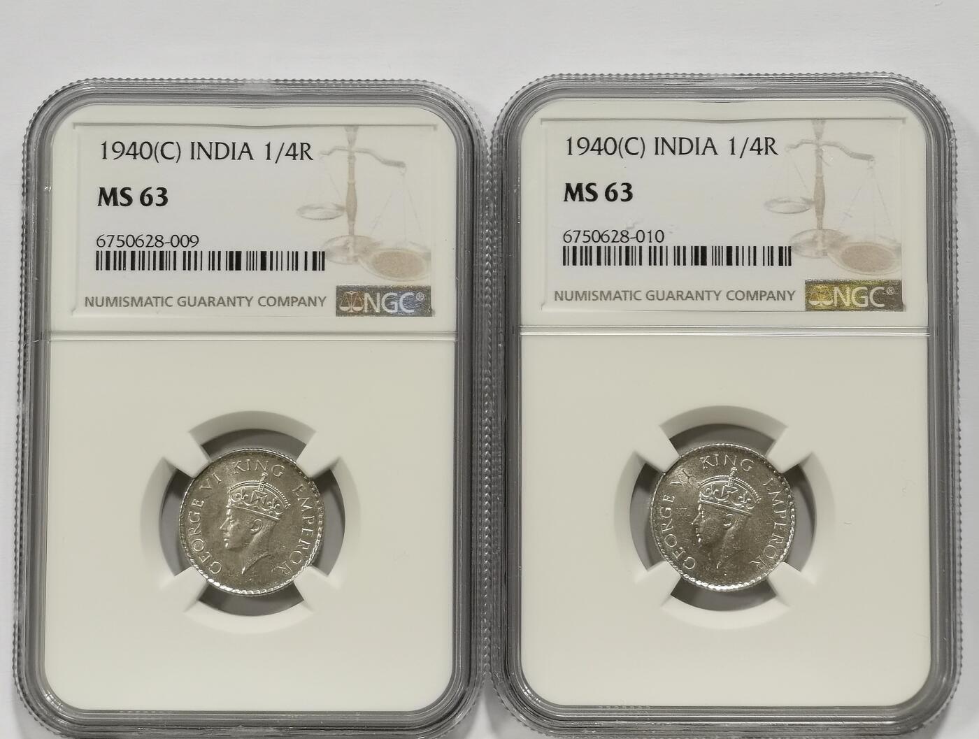 博洋堂世界钱币拍卖第165期（全场包邮） NGC MS63 英属印度1940年C版乔治六世1/4卢比银币2枚一对