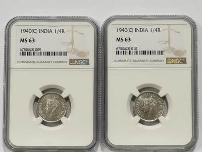 博洋堂世界钱币拍卖第165期（全场包邮） - NGC MS63 英属印度1940年C版乔治六世1/4卢比银币2枚一对