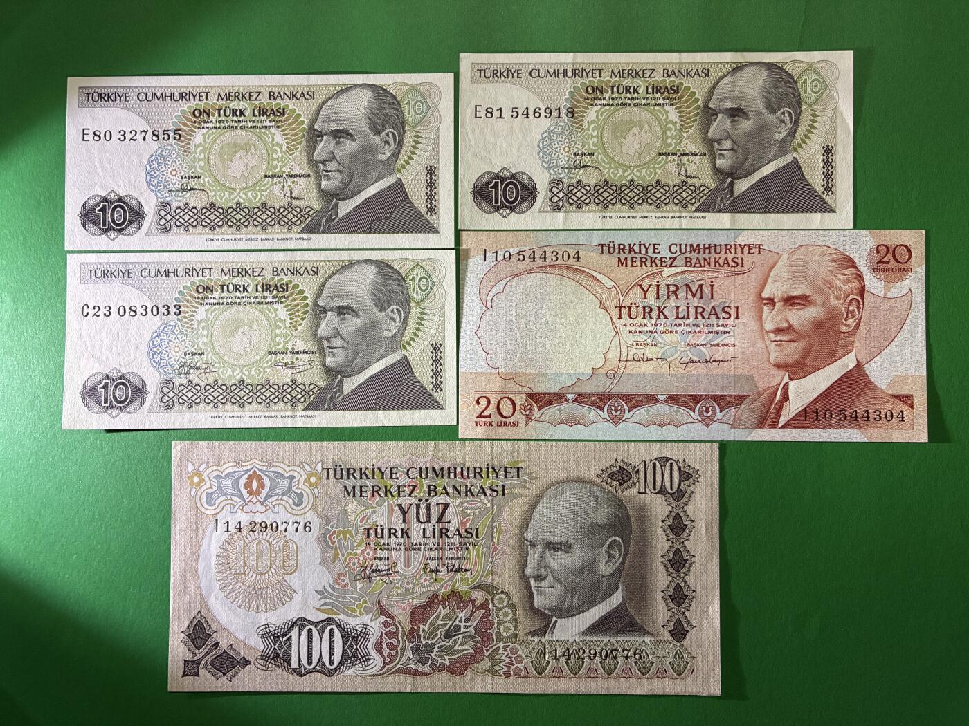 咖啡豆•收藏 2026年Mar_24th世界各国纸币拍卖 5枚 土耳其 10-100里拉 AU-UNC 外国 亚洲纸币