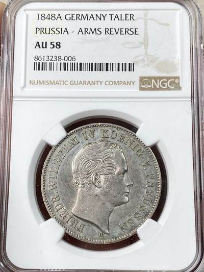 万国钱币拍卖第063期 - NGC AU58 1848年德国普鲁士威廉四世盾徽版1泰勒 欧洲大革命无神年份  早期大规格协议泰勒 原味德式淡彩环绕高点极佳 视觉效果远超分数
