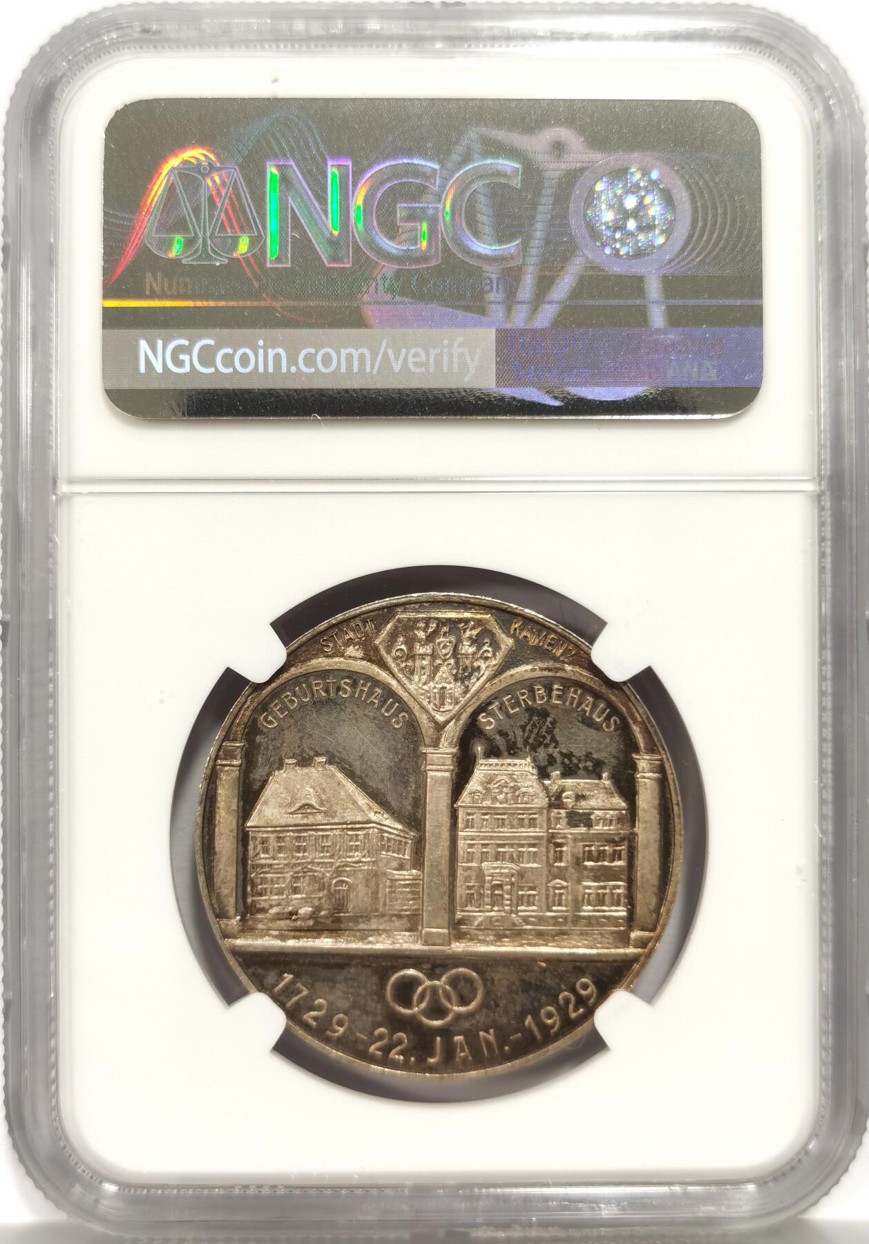 博洋堂世界钱币拍卖第165期（全场包邮） NGC MS63 德国1929年纪念民族文学奠基人莱辛诞辰200周年银章，类似PL的精制底板，炫彩的包浆，正面是莱辛的头像，反面是精美的故居景观。