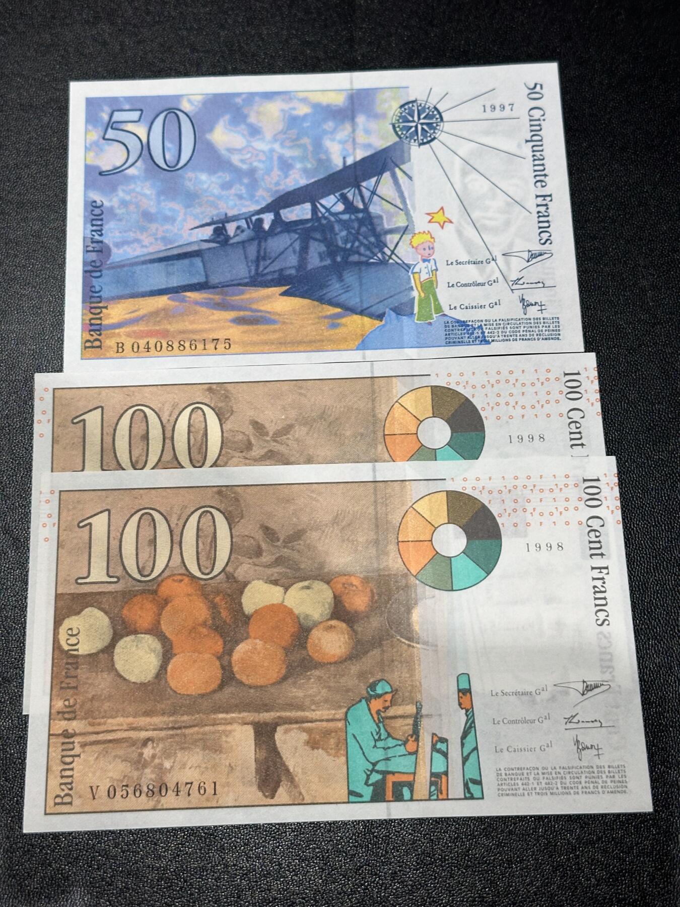 《外钞收藏家》第六百一十九期（精品场）（长期征集拍品、欢迎藏友们联系合作） 法国末版1997年50法郎1张+1998年100法郎2张 一起 全新