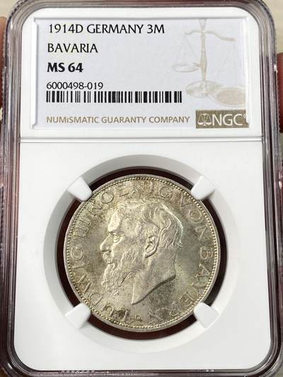 万国钱币拍卖第063期 - NGC MS64 1914德国巴伐利亚路德维希三世流通长翅3马克 流通品种丝绸转光淡彩环绕收藏级