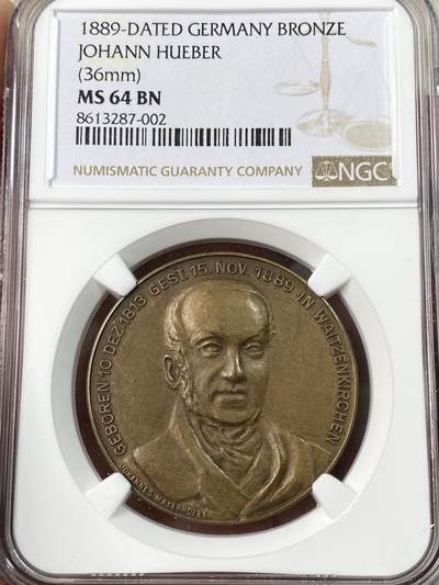 万国钱币拍卖第063期 - NGC MS64 1913年德国奥地利弗朗茨·约瑟夫一世·迈耶霍费尔·约翰·休伯诞辰100周年纪念铜章 学院派画师 曾任伊丽莎白·欧根妮皇后（茜茜公主）的家庭教师