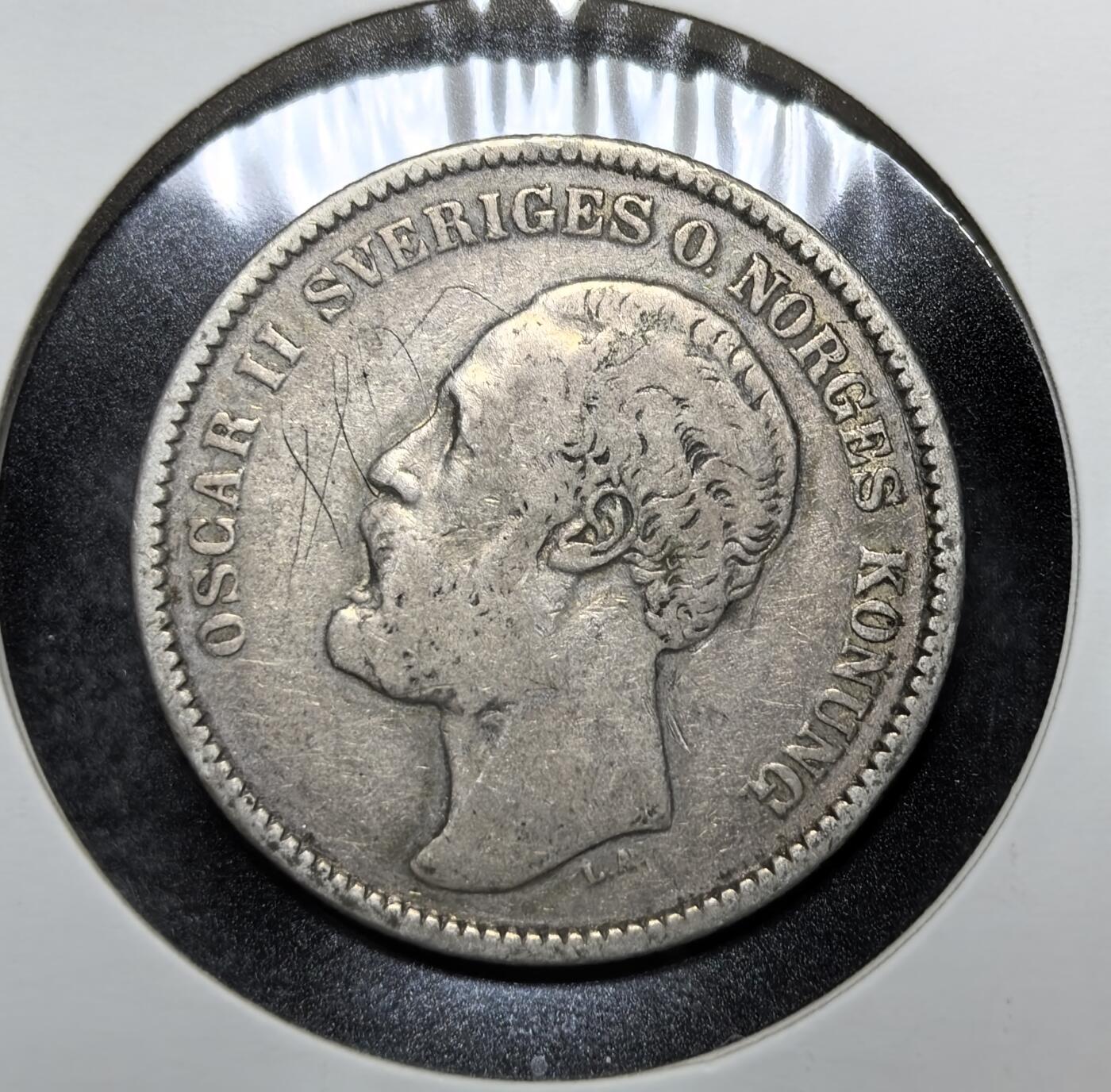 外国优质老铜币银币苏联纪念章，每周六晚九点倒数截拍，满百包邮可寄存，持续收拍 瑞典-挪威联盟1878年2克朗银币，由奥斯卡二世统治时期发行。正面为国王头像，背面是瑞典国徽与联盟格言，见证两国共主邦联的历史阶段。