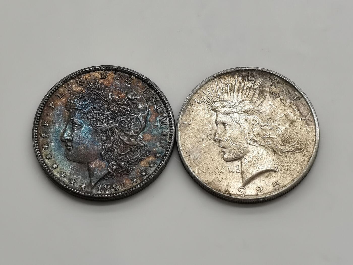 博洋堂世界钱币拍卖第165期（全场包邮） 美国1897年摩根女神大银币+1925年和平女神大银币一对，双面原味五彩包浆