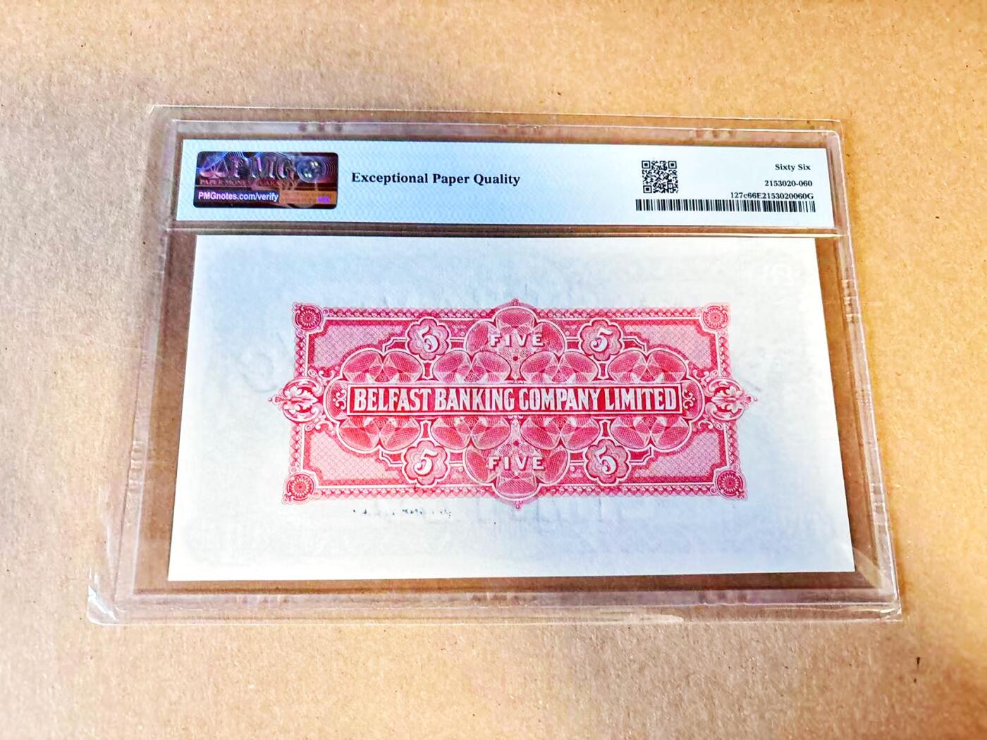 【Blue Auction】世界纸币精拍第796期——18级TOP拍卖/信誉/品质/专业/高效💫 【手签】北爱尔兰 1966年5镑 大票幅 PMG66EPQ 