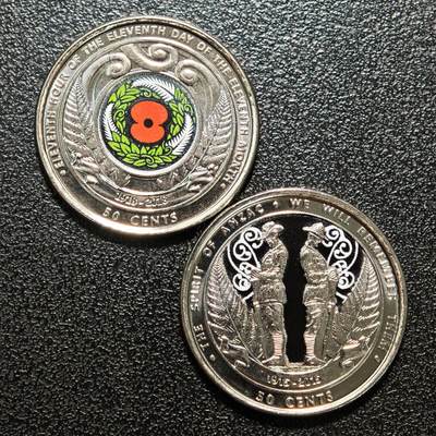 【德藏】世界币章拍卖第168期（拍品征集中~欢迎藏友联系） - 2枚一组 2018年 新西兰第一次世界大战停战百年50分彩色纪念镍币 及 2015年 新西兰澳新军团50分彩色纪念镍币   直径约：23.4mm/枚；重约：5g/枚
