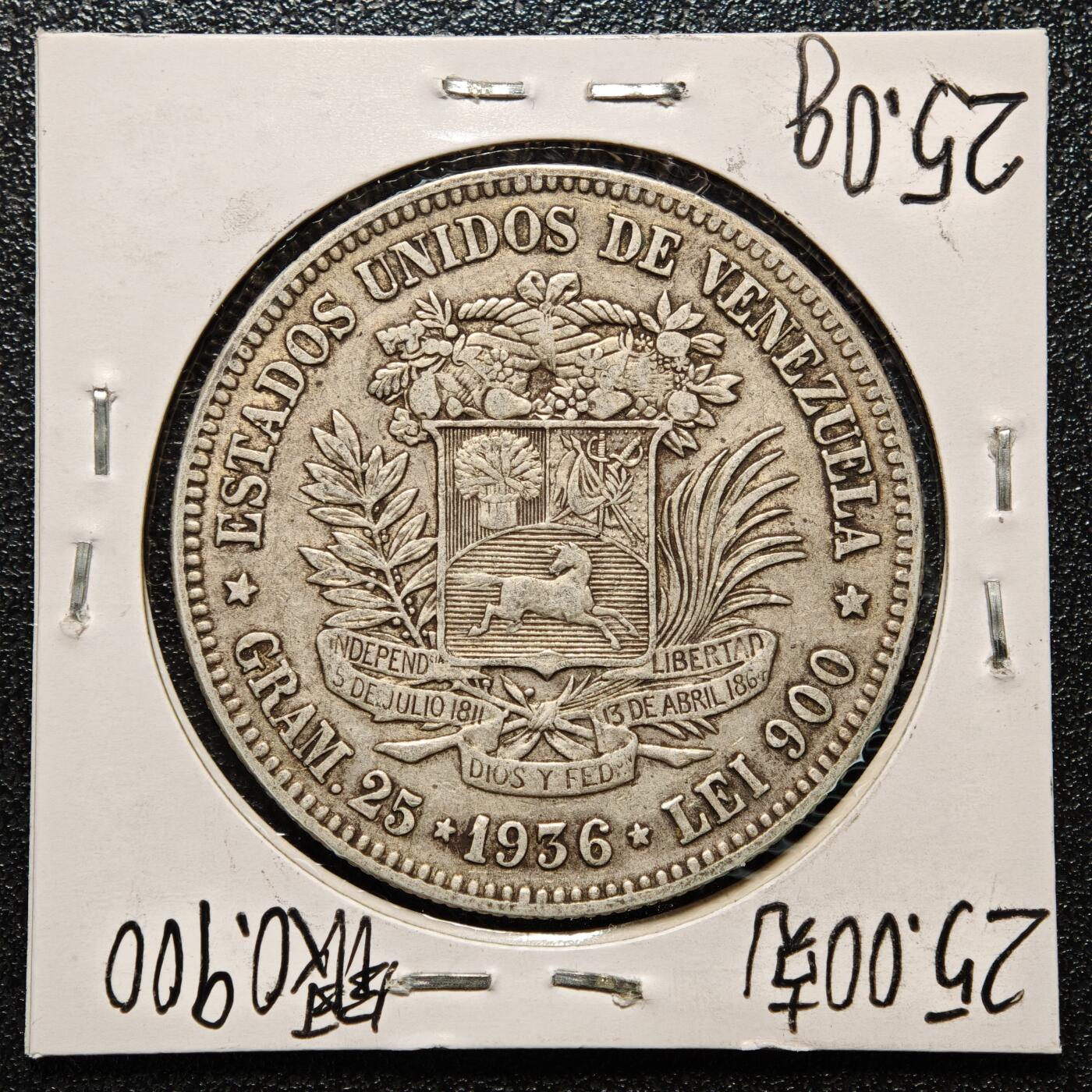 【德藏】世界币章拍卖第168期（拍品征集中~欢迎藏友联系） 老藏家集藏系列之- 1936年 委内瑞拉5玻利瓦尔银币 900银 直径约：37mm；重约：25g 入册20余年·附有当年购入价