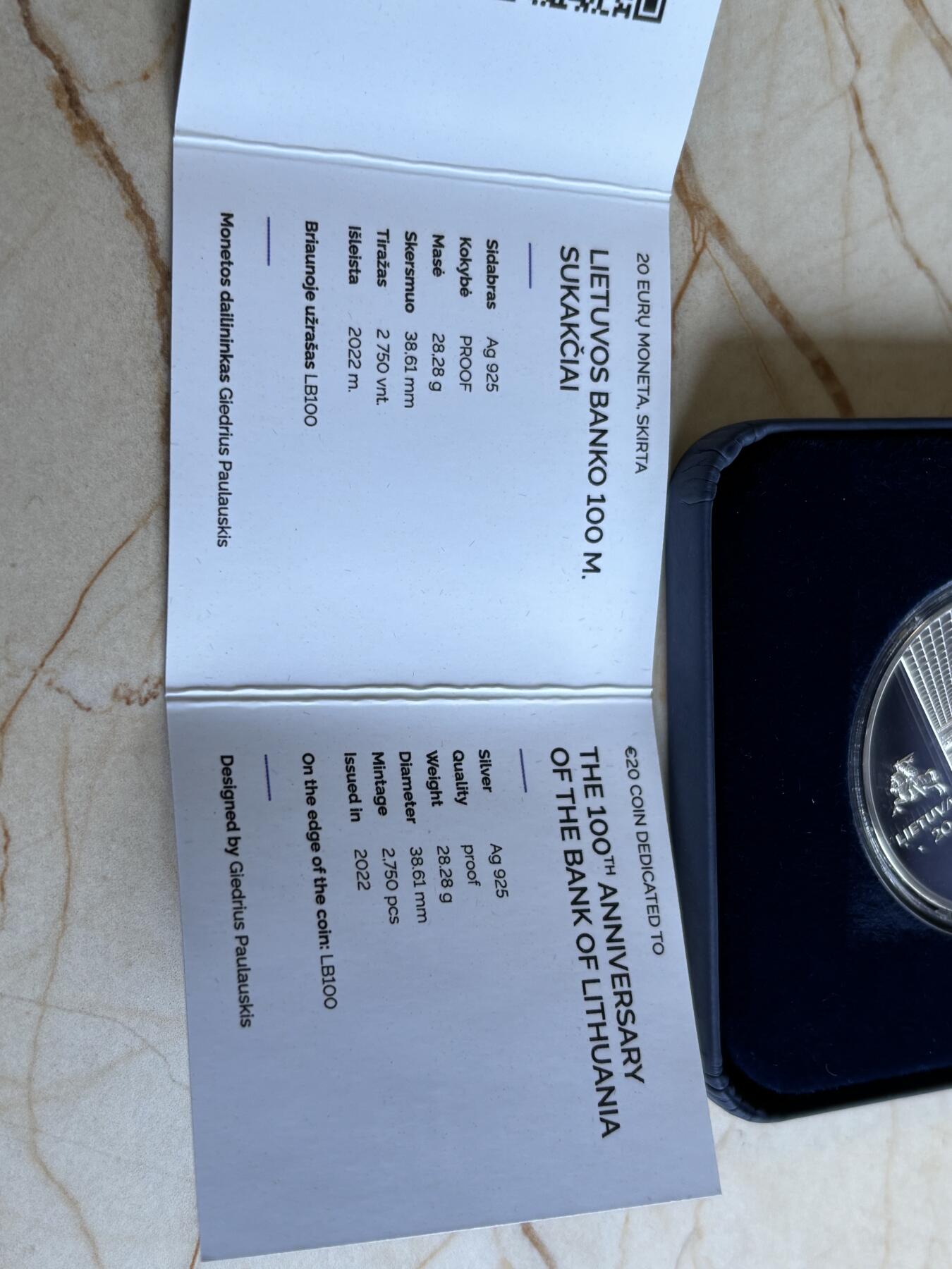 第194期拍卖 立陶宛2022年立陶宛银行成立20欧精制纪念银币，925银，28.28克，发行2750枚