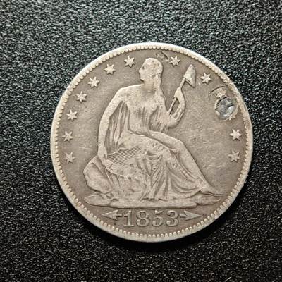 【德藏】世界币章拍卖第168期（拍品征集中~欢迎藏友联系） - 1853年 美国半美元银币 有修补 直径约：29.1mm；重约：12.1g