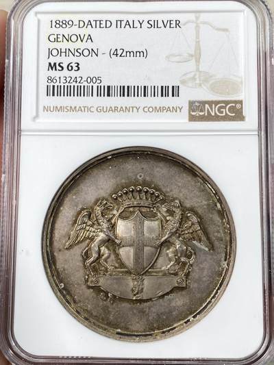 万国钱币拍卖第063期 - NGC MS63 1889年意大利热那亚大学优异大银章 极罕见意大利大规格银章 高浮雕双面原味五彩裹身 热那亚双狮鹫护盾纹章 颁发给campora rosetta