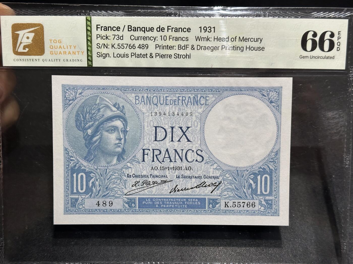 《外钞收藏家》第六百一十九期（精品场）（长期征集拍品、欢迎藏友们联系合作） 1931年法国10法郎 TQG66