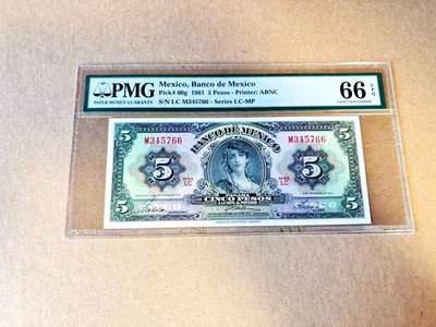 【Blue Auction】世界纸币精拍第796期——18级TOP拍卖/信誉/品质/专业/高效💫 - 墨西哥 1961年5比索 PMG66EPQ 