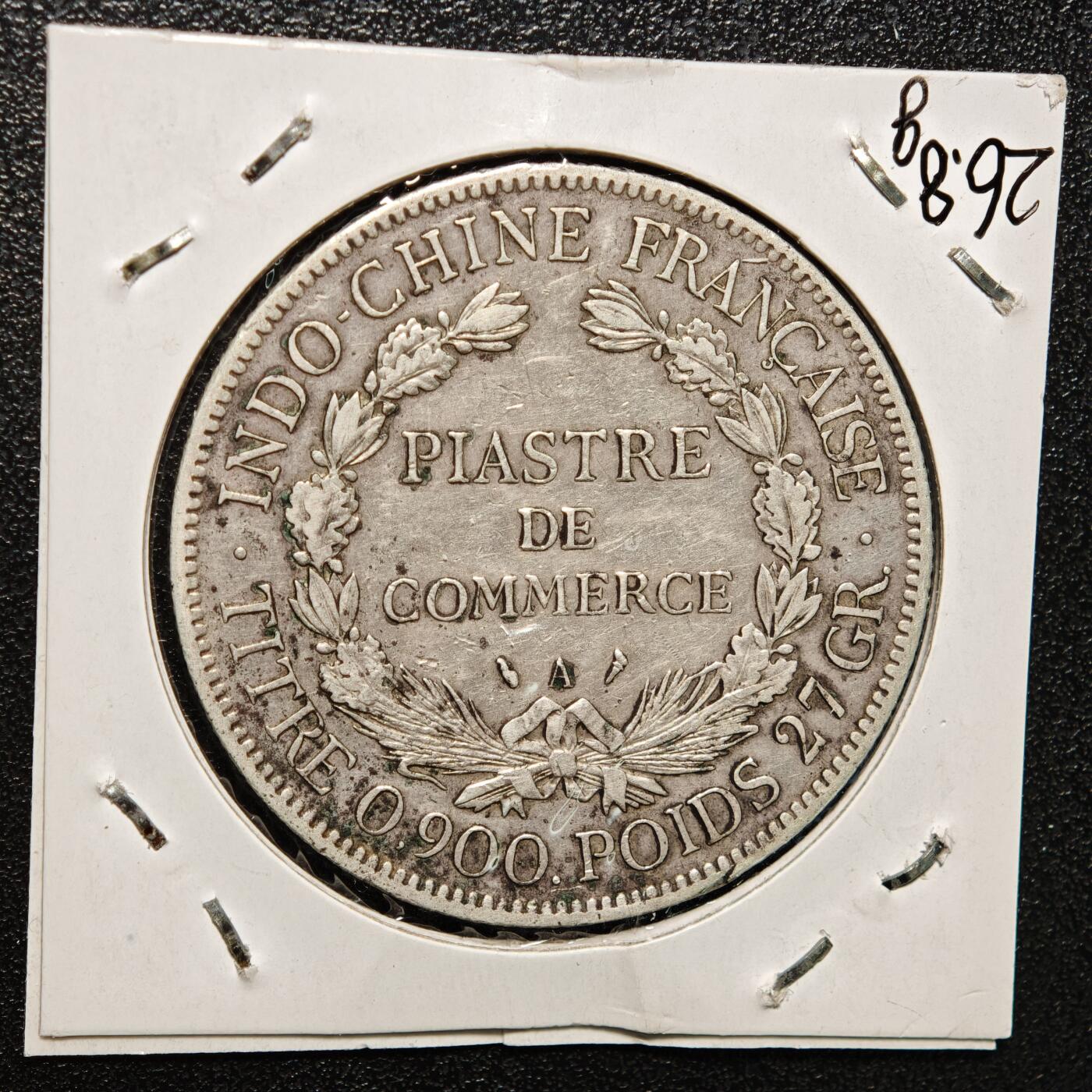 【德藏】世界币章拍卖第168期（拍品征集中~欢迎藏友联系） 老藏家集藏系列之- 1909年 法属印度支那1皮阿斯特坐洋银币 900银 直径约：39mm；重约：27g 入册20余年·附有当年购入价