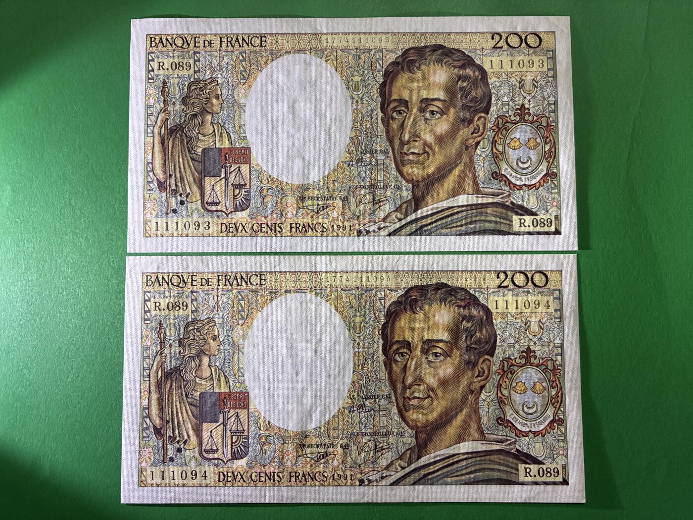 咖啡豆•收藏 2026年Mar_24th世界各国纸币拍卖 4枚 连号 法国 1991年 200法郎 全新UNC 外国 欧洲纸币