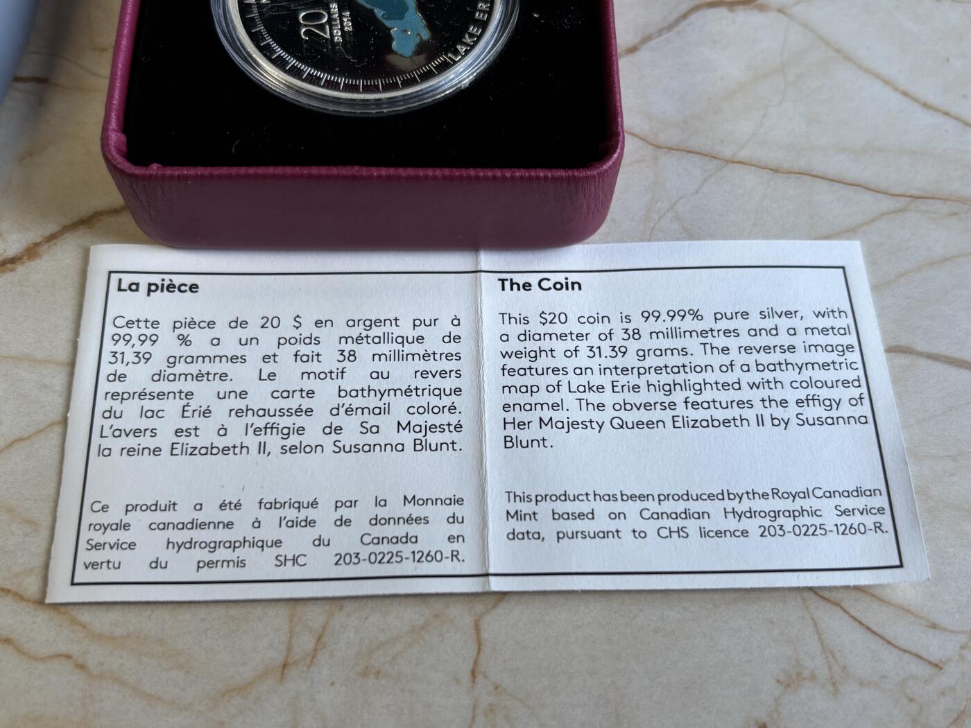 第194期拍卖 加拿大2014年五大湖系列伊利湖镶嵌珐琅彩纪念银币，9999银，31.39克，发行10000枚