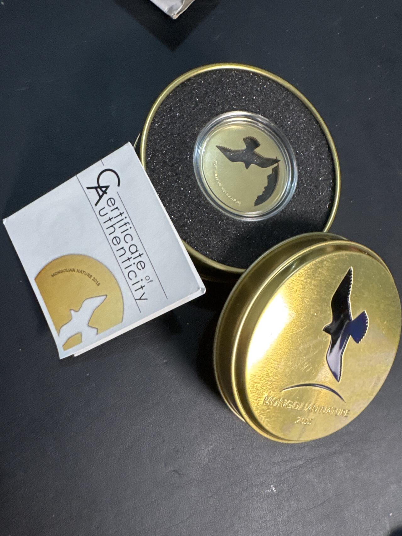 ❤️【币观天下】❤️ 第345期钱币拍卖场- 2026.3.20周五晚上6点半场 长期征集拍品  2015年蒙古500图格里克普制镀金银币 蒙古自然-鹰 1/2盎司925银 发行量：2500 盒证全