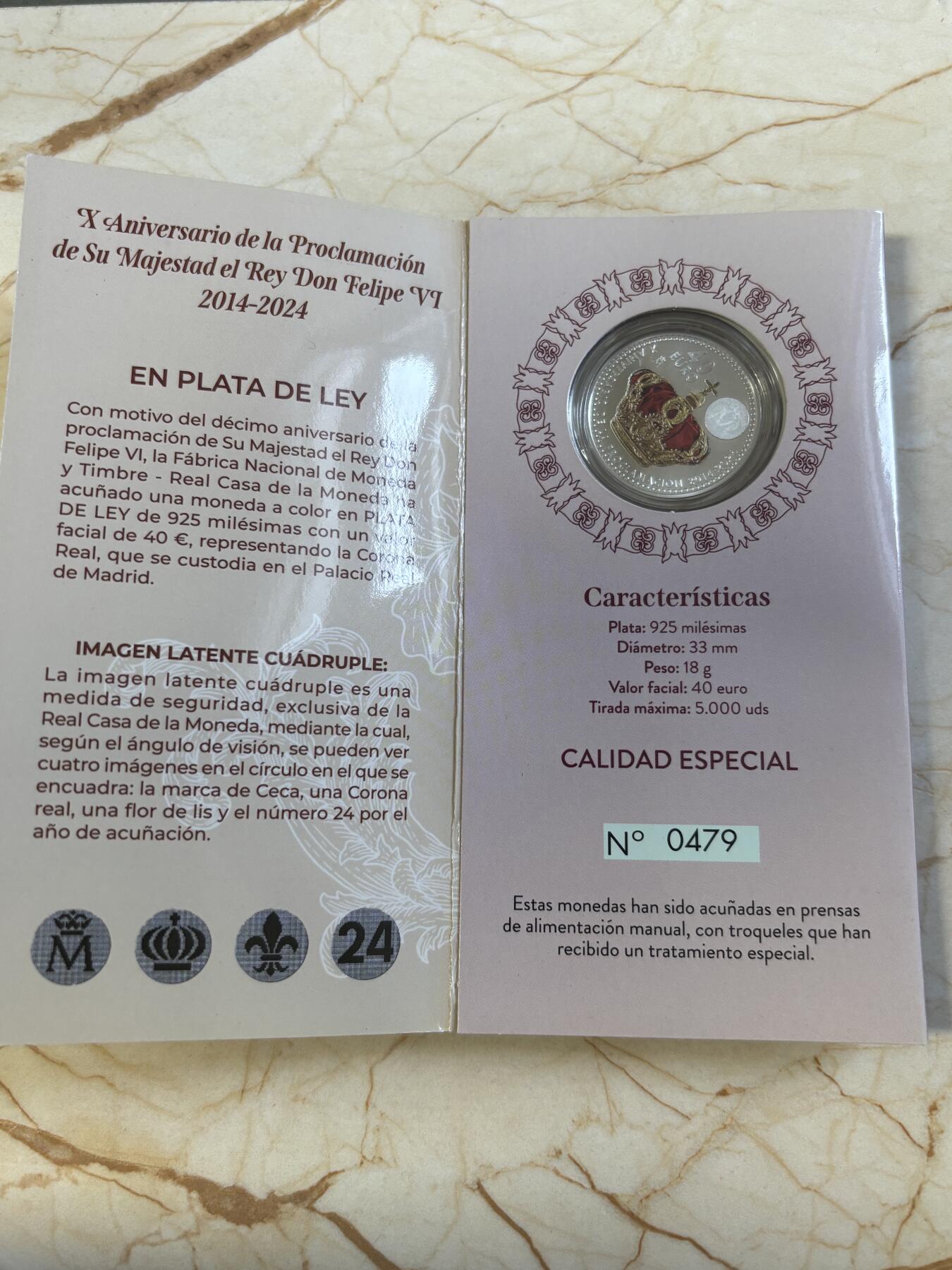 第194期拍卖 西班牙2024年菲利普六世皇冠40欧彩色纪念银币，925银，18克，发行5000枚