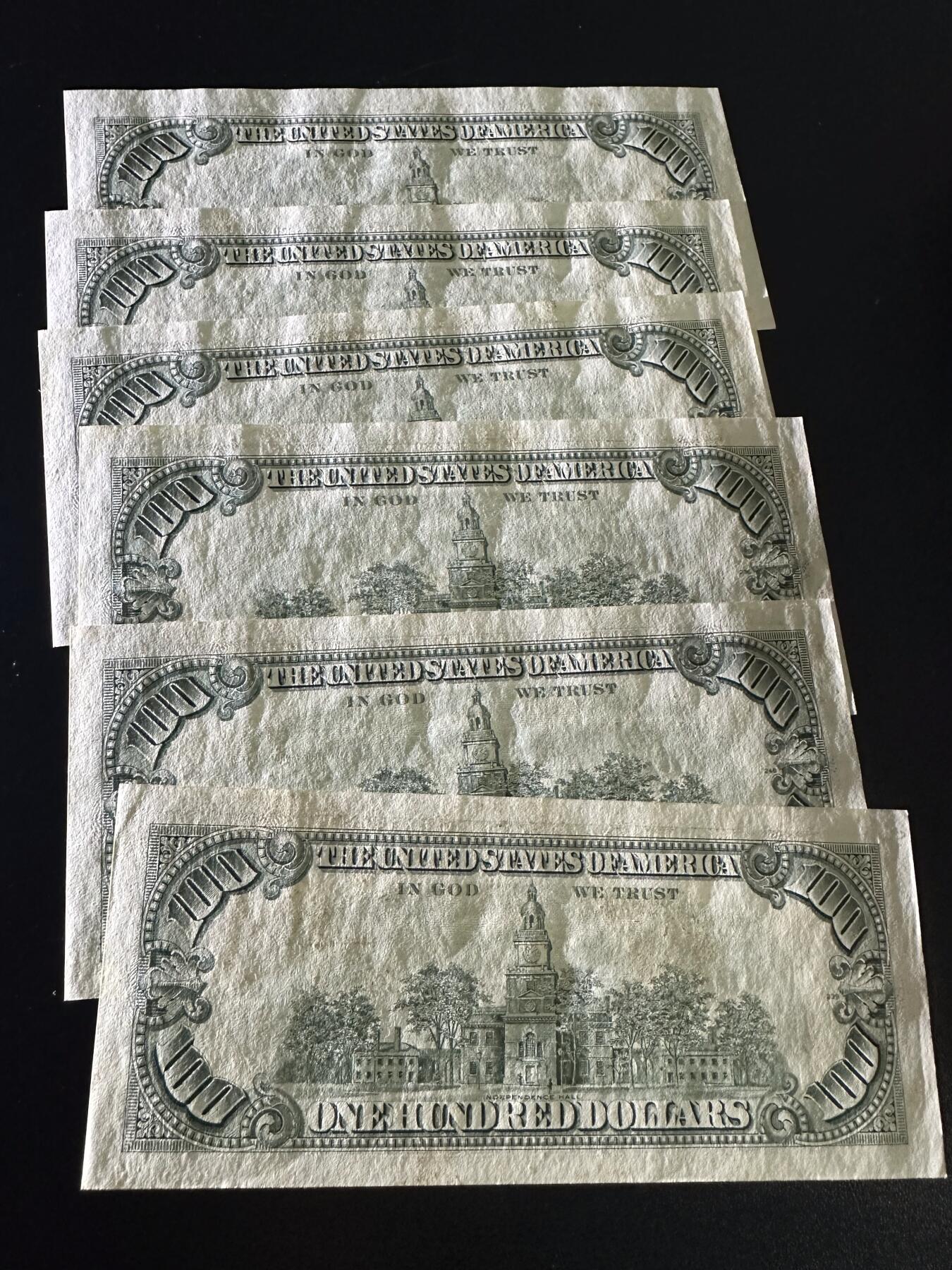 《外钞收藏家》第六百一十九期（精品场）（长期征集拍品、欢迎藏友们联系合作） 美国小头版100美元 6张一起 非全新 品相如图