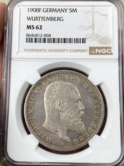 万国钱币拍卖第063期 - NGC MS62 1908年德国符腾堡长翅流通5马克 原味德式五彩极美 难得一见的状态
