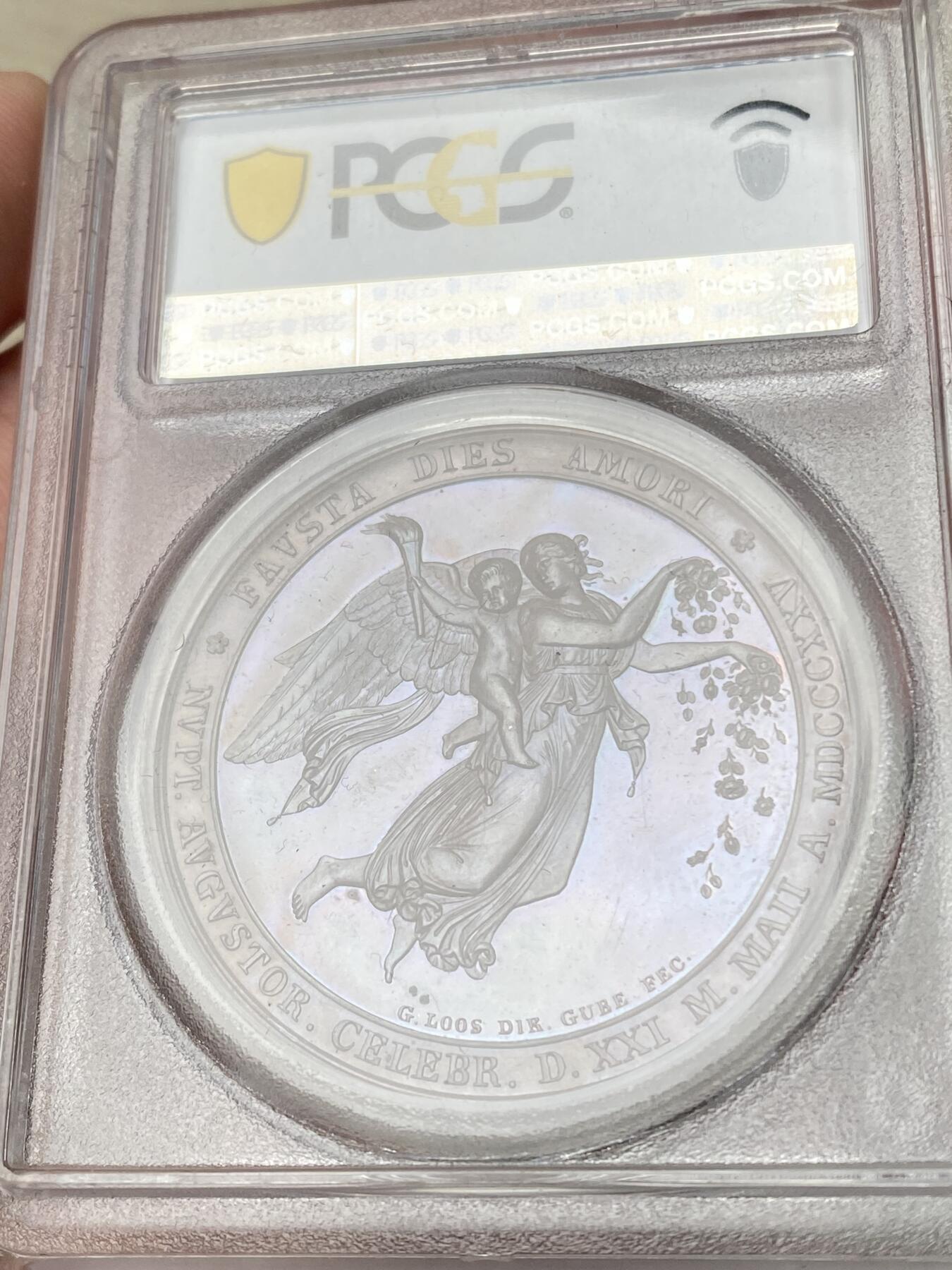 万国钱币拍卖第063期 PCGS SP66 1825年德国普鲁士威廉三世时期路易斯·奥古斯塔公主与荷兰费里德里希王子大婚纪念大铜章 G·LOOS·D大师作品 超美红铜光顶级GEM典藏品质（盒子有裂）