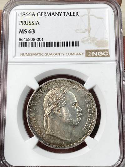 万国钱币拍卖第063期 - NGC MS63 1866年德国普鲁士威廉一世普奥战争胜利泰勒 单面月牙弯醇厚孔雀绿五彩 原味入藏品质