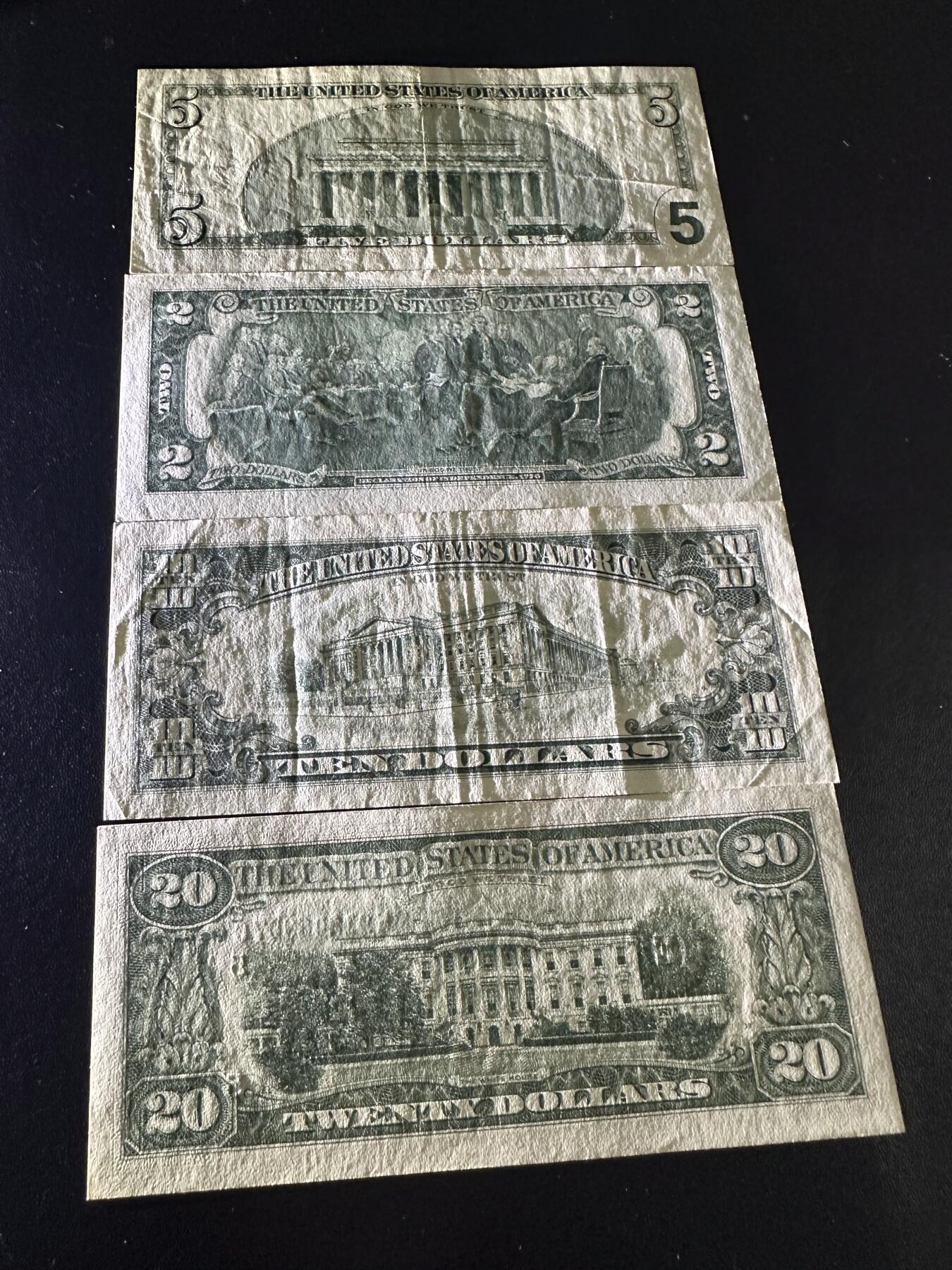 《外钞收藏家》第六百一十九期（精品场）（长期征集拍品、欢迎藏友们联系合作） 美国大头版5美元+小头版2、10、20美元 四张一起 非全新 品相如图