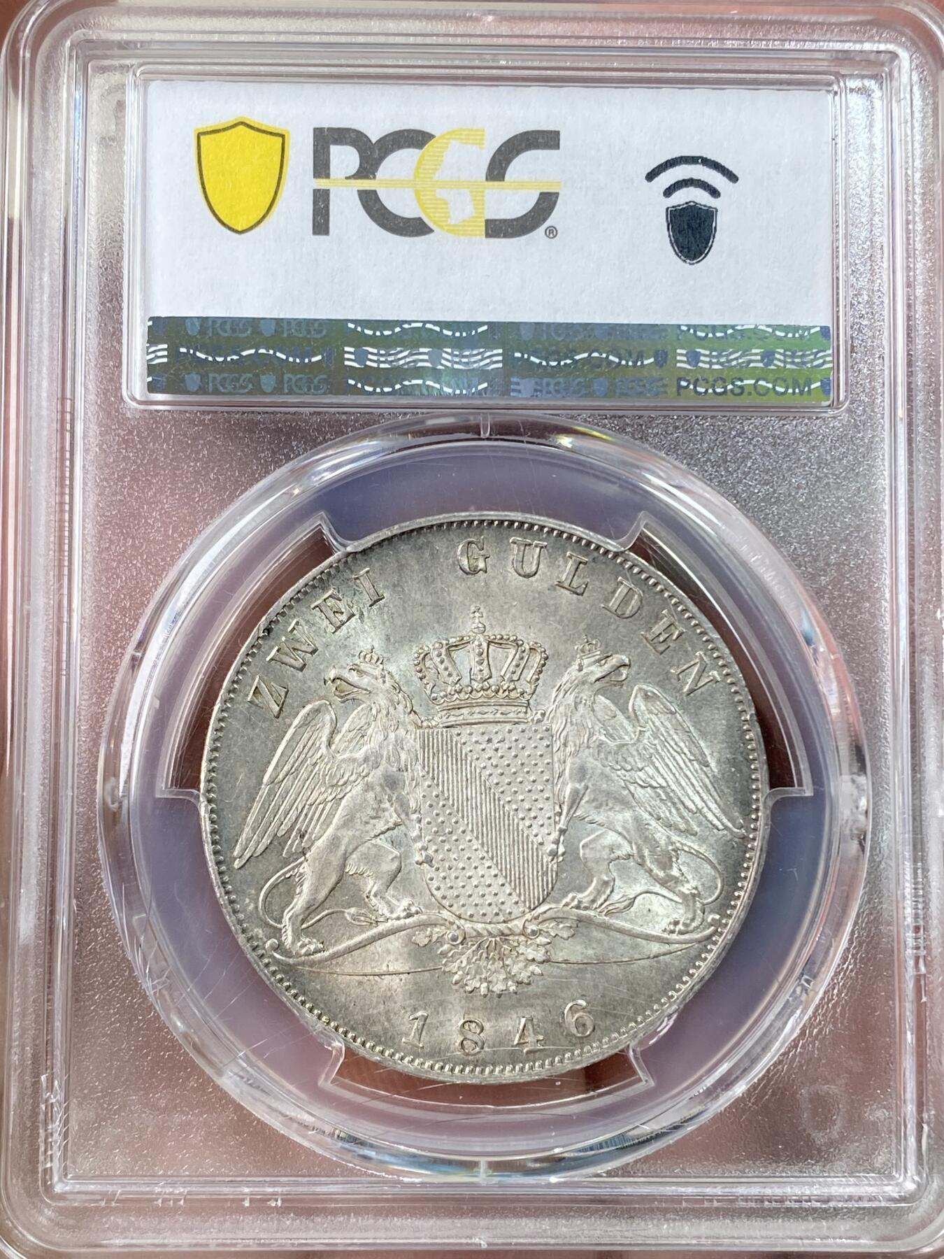 万国钱币拍卖第063期 PCGS MS63 1846年德国巴登双狮鹫2古尔登大银币 暴力深打银霜十字转光炸裂 高分极难的品种