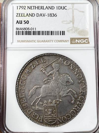 万国钱币拍卖第063期 - NGC AU50 1792年尼德兰联省共和国泽兰省1杜卡特大马剑银币 原味淡彩打制清晰 一眼舒服的状态  分数虽不顶级但足以入藏