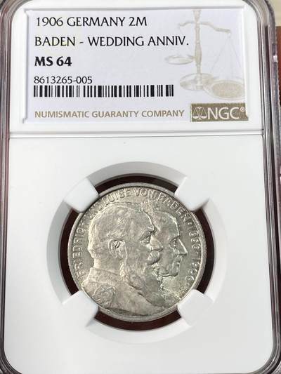 万国钱币拍卖第063期 - NGC MS64 1906年德国巴登金婚纪念长翅2马克 原味转光收藏级