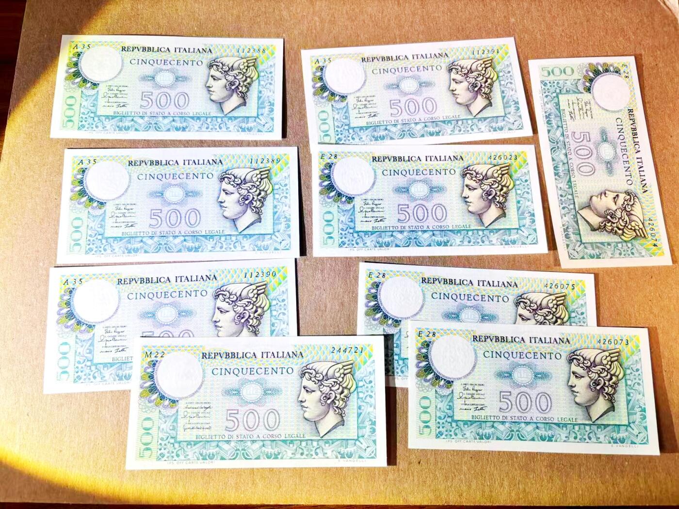 【Blue Auction】世界纸币精拍第796期——18级TOP拍卖/信誉/品质/专业/高效💫 【一组9张 含88尾及多张无47】意大利 1979年500里拉 全新UNC